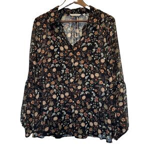 Soft Surroundings Large Top w/ Cami Sheer Long Sleeve Button Up Black Floral